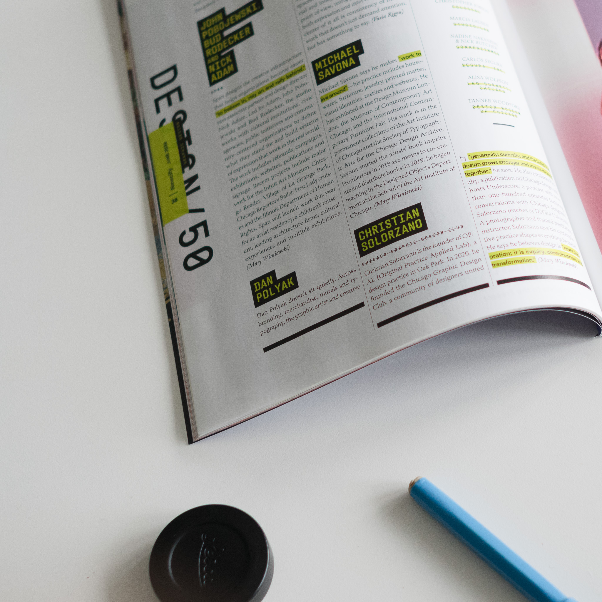 Christian Solorzano — photograph of a NEWCITY Design 50 inside spread highlighting his Chicago Graphic Design Club profile column alongside other featured designers