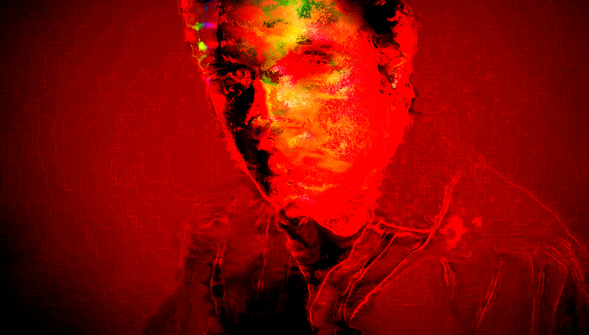 Christian Solorzano — glitched spectral portrait smeared in deep reds, a face emerging from digital distortion