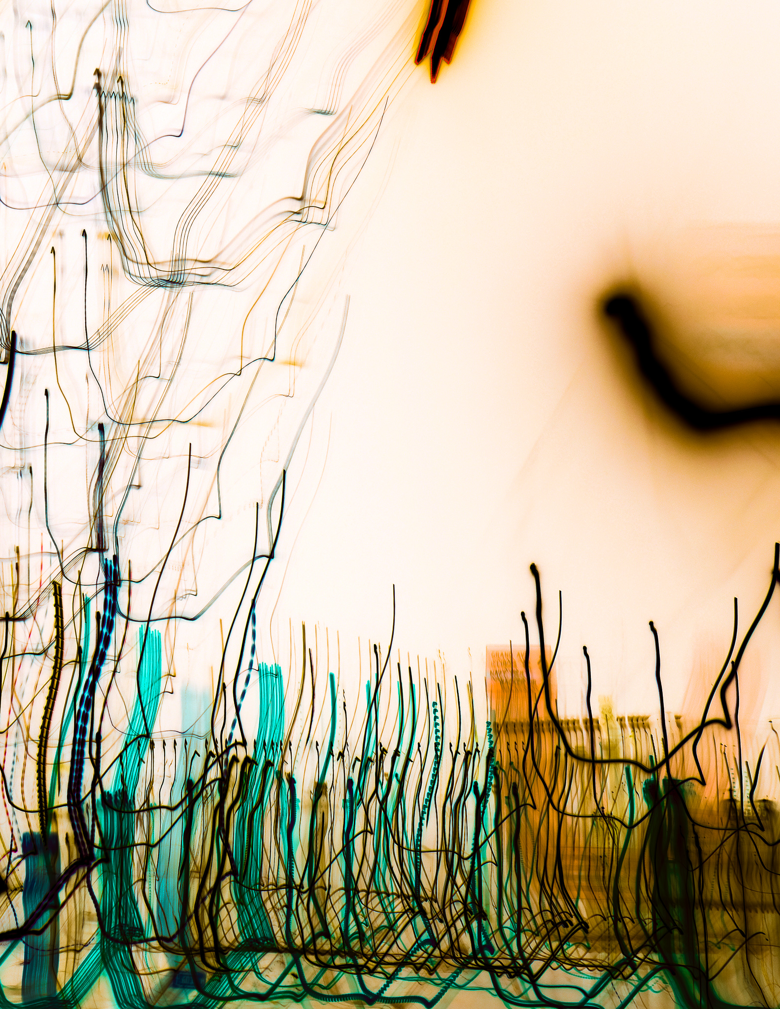 Christian Solorzano — painterly motion-blur abstract of tangled reeds in teal and brown